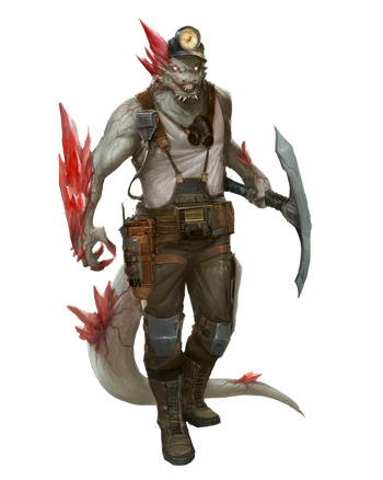 artist Jesus Iván Nolasco Fuentes : A vesk miner with red crystals protruding from their flesh stalks forward, snarling with sharp claws bared and a mining pick in hand.