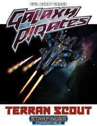 Galaxy Pirates Terran Scout ship. A small blue and grey ship trading fire in space