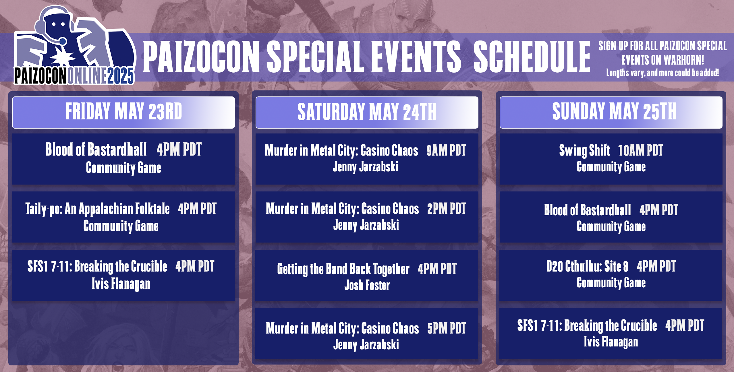 PaizoCon Online 2025 Special Events Schedule
