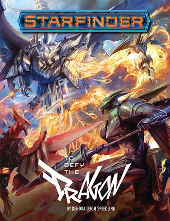 Art by Mirco Paganessi: Starfinder Adventure - To Defy The Dragon. A large mechanical dragon spitting fire at those standing below it