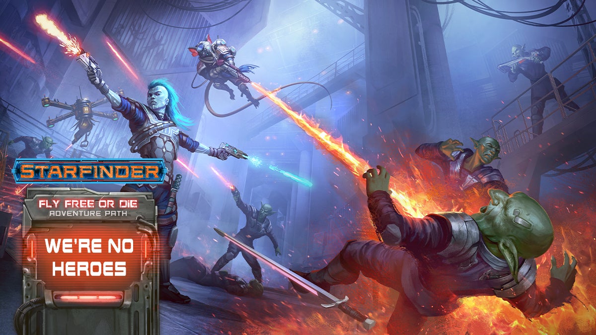Starfinder Fly Free or Die Adventure Path: We're No Heroes. SF iconic andriod Iseph in the middle of a gunfight with a number of green aliens