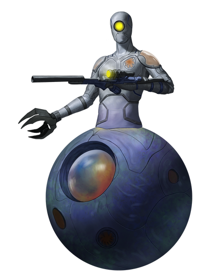 Nodocite Guardian, artist Rodrigo Gallo; An alien magitech robot surveys its surroundings with a single glowing eye sensor. Its humanoid torso is perched atop a rotating spherical lower body. One of its arms ends in a sharp clamp and the other in a sleek rifle.