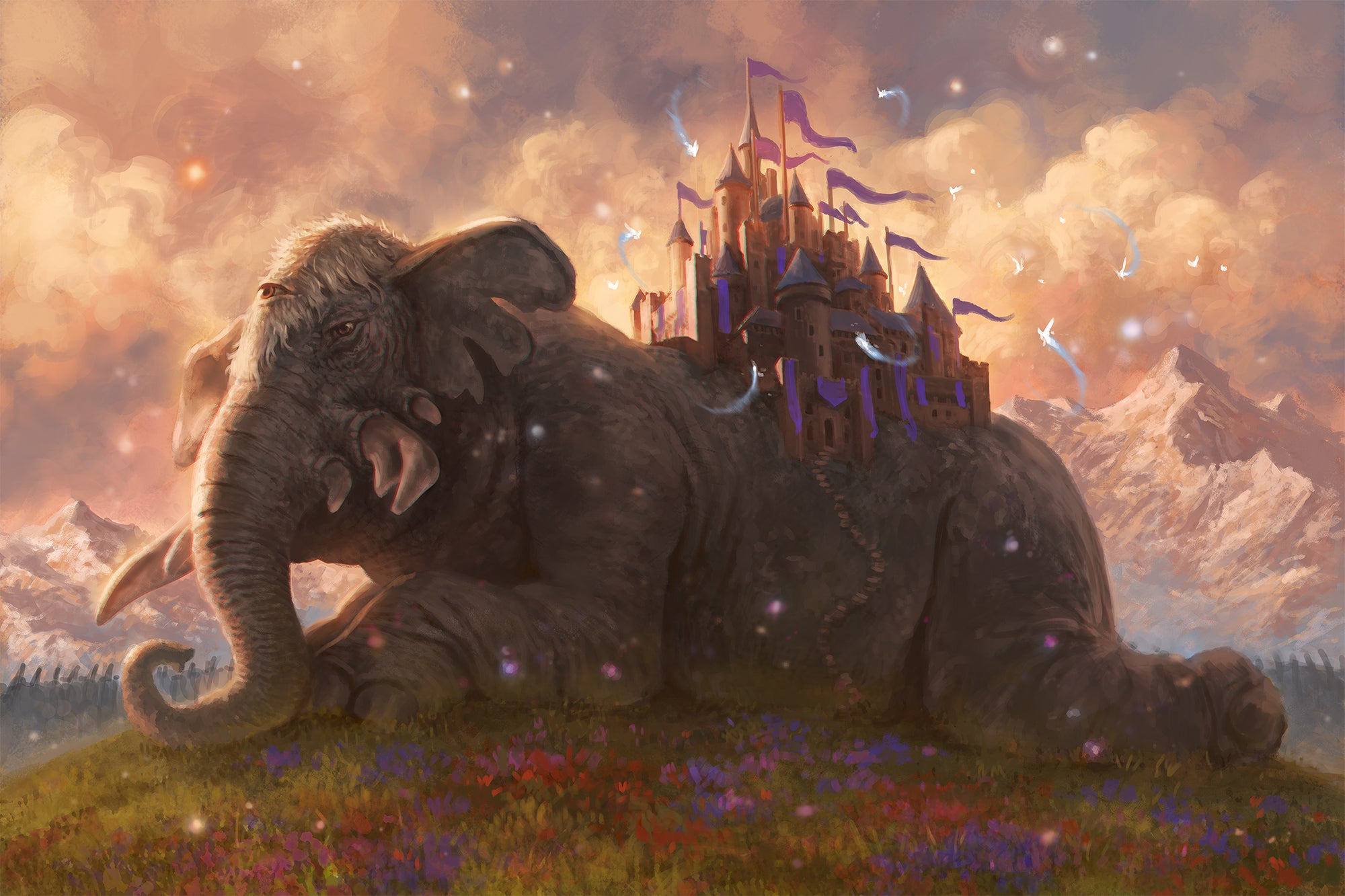 Cobyslarni Campus, art by Bastien Jez. A large castle sits on the back on a massive, three eyed elephant, which is laying peacefully on a grassy field