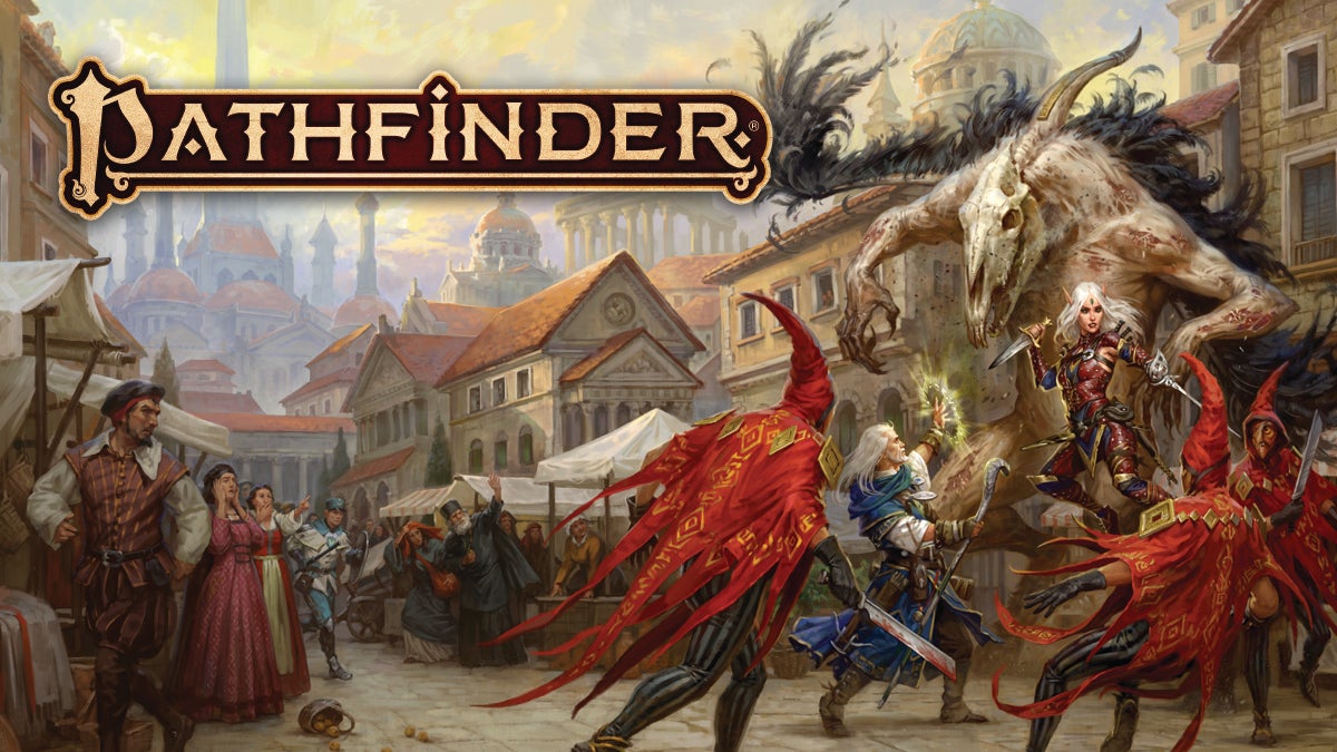 The iconics battle red robed cultists in a city square while a large monster lurks behind them