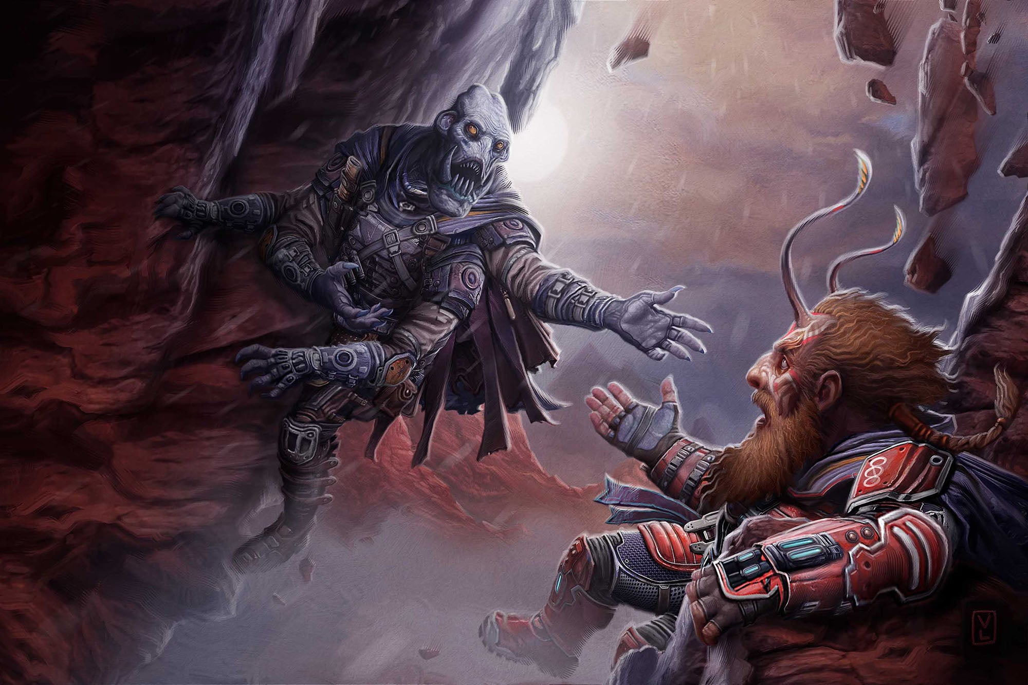 A gray-skinned, four-armed alien clings to a cliff with two hands while reaching for her falling companion—the iconic vanguard—who is tumbling away from the sheer rock wall.