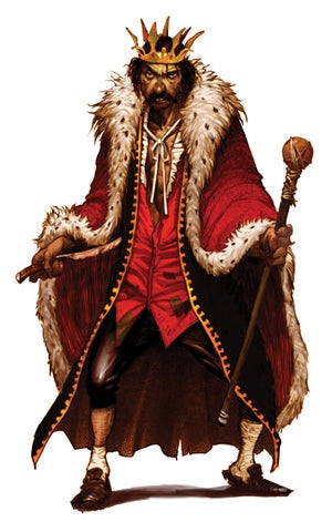 Pilts Swastel, the insane, self-proclaimed Emperor of Old Korvosa, wearing a red fur lined robe and holding a bloody knife.