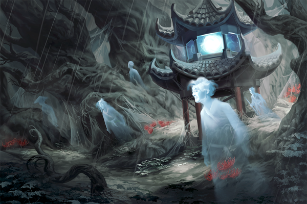 Illustration by Damien Mammoliti: a light in a dark forest surrounded by spirits