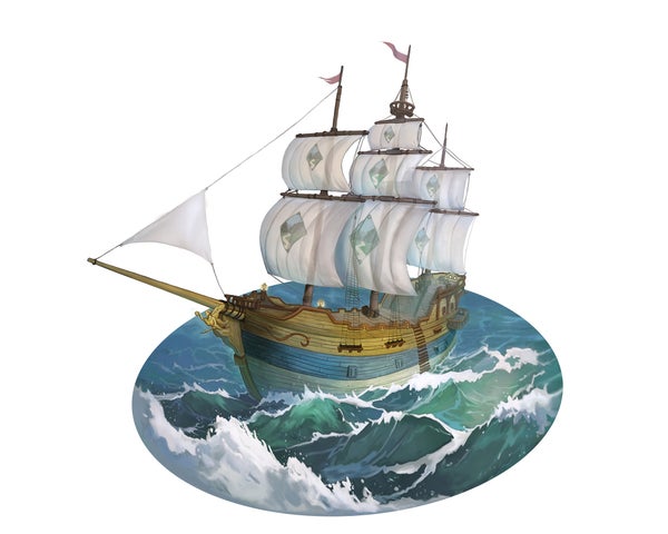 Glorious Payoff, artist Fabio Di Bernardi:  This three-masted galleon sails the open seas, its sails all marked with the Glyph of the Open Road