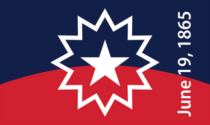 Juneteenth Flag, credit Nafsadh, CC0, via Wikimedia Commons : Flag divided evenly in half, with a blue top and red bottom and a gently arched line of division. In the middle is a solid white five pointed star surrounded by a blue/red area, then the white outline of a twelve-pointed star.