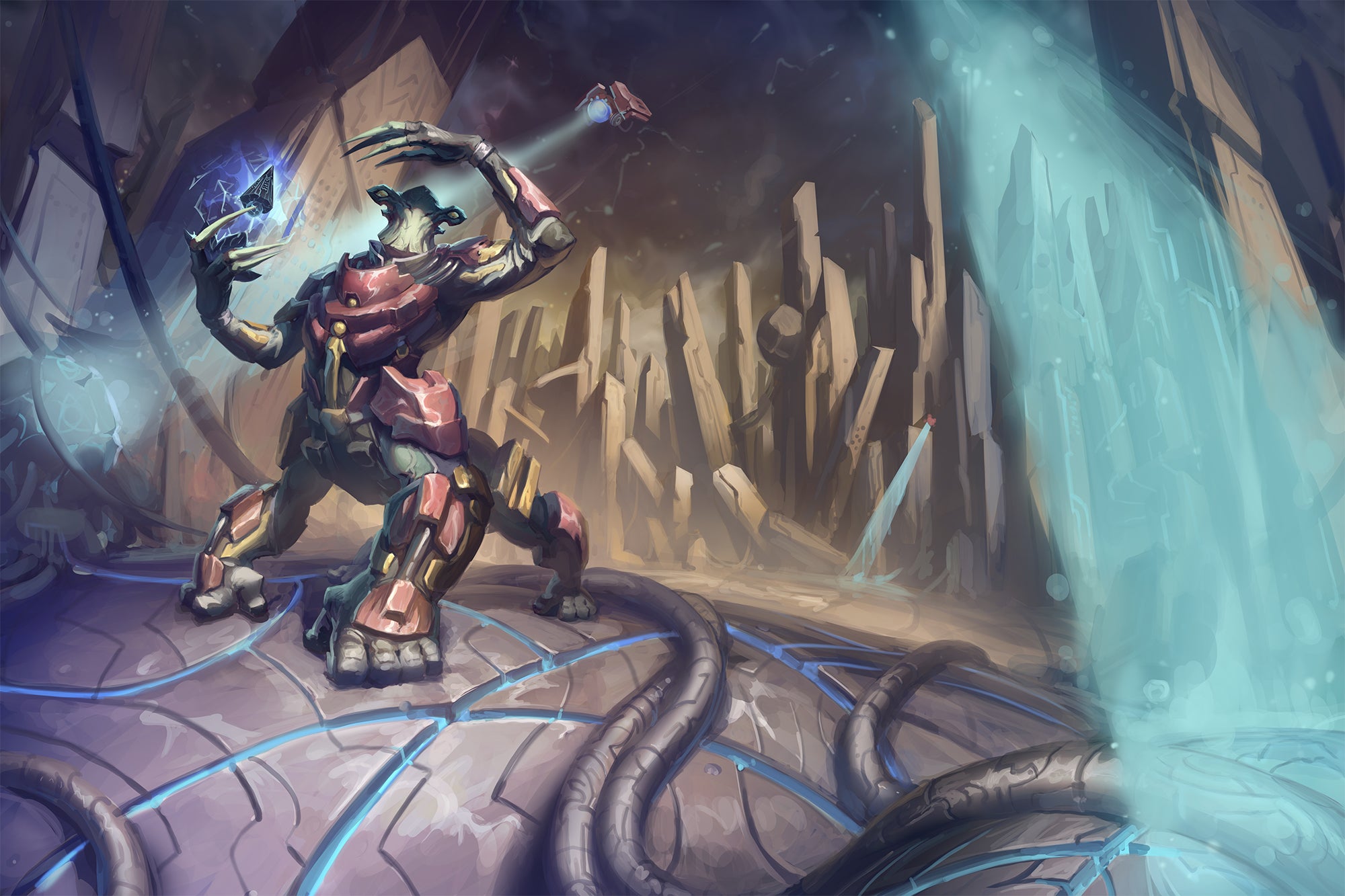 Illustration by Kevin Sardinha: Sarmak, the izalguun First Seeker of the Starfinder Society, explores an ancient city of the FIrst Ones on the machine planet of Aballon