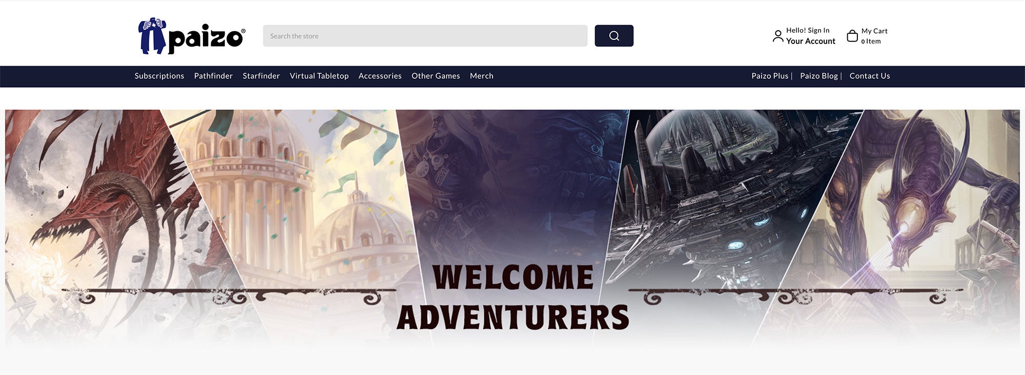 A screenshot of the new Paizo store navigation and welcome banner. the navigation features the pazio logo, a search bar, an iconic to sign in to your account, an a cart icon. Below that is a blue car with the store category navigation; subscriptions, pathfinder, starfinder, virtual tabletop, accessories, other games, and merch. Under the full navigation is a banner showing off a wave of art from pathfinder and starfinder including locations, and dragons, overlayed over the banner art is text that says Welcome Adventurers.