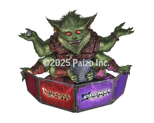 A skittergoblin sits behind a GM screen featuring the Pathfinder Society and Starfinder Society logo. He holds a datapad in two of his arms and a d20 in another one.