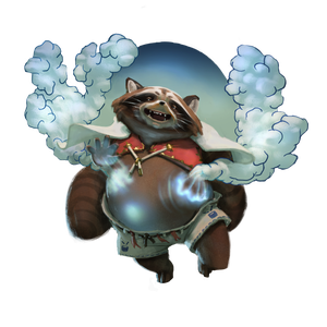 Art by Sammy Khalid: Tanuki, a bipedal racoon-like being dressed in tan shorts and a white cape