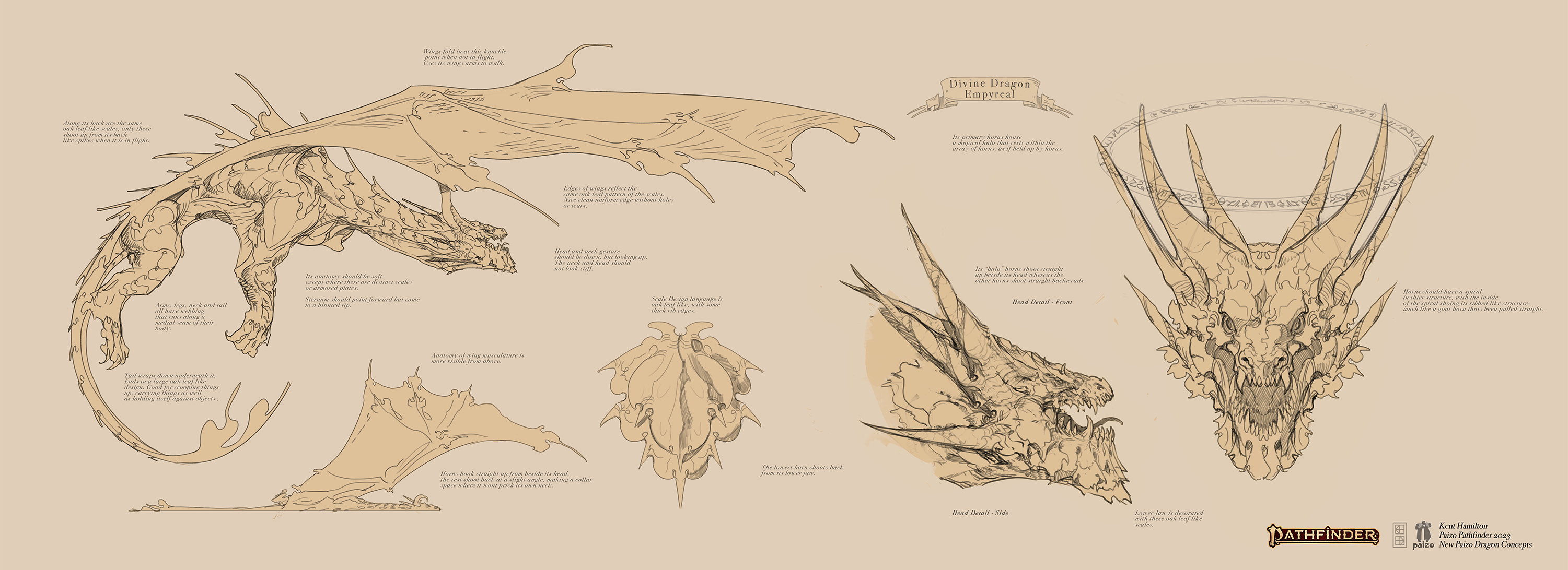 Illustration by Kent Hamilton : Concept art for the empyreal dragon. This dragon has a powerful body covered in elegant scales, a head with multiple horns, and a golden halo resting above its head.