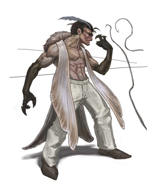 The Weaver In Dreams: A bare chested, masculine, muscled figure with greying hair and humanoid arms that end with dark clawed hands. Wearing white pants and  open cloak that resembles a pair of moth wings