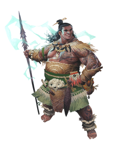 Art by Wayne Reynolds. Nahoa, the iconic exemplar. Dressed in woven armor, covered in tattoos and holding a spear 