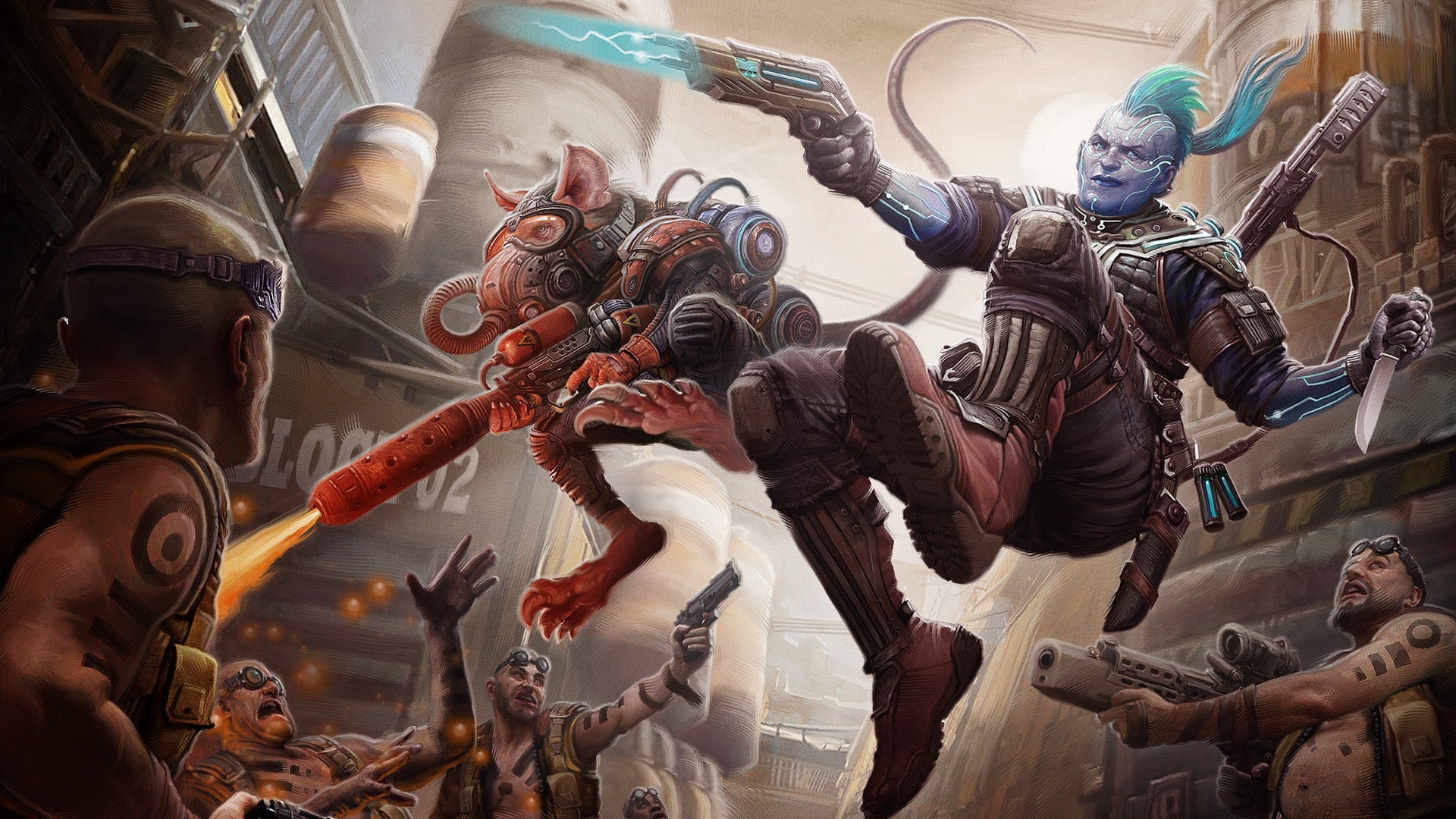 Starfinder iconics, Quig the ysoki and Iseph the android firing down on a group of adversaries as they jump into the center of the fight.