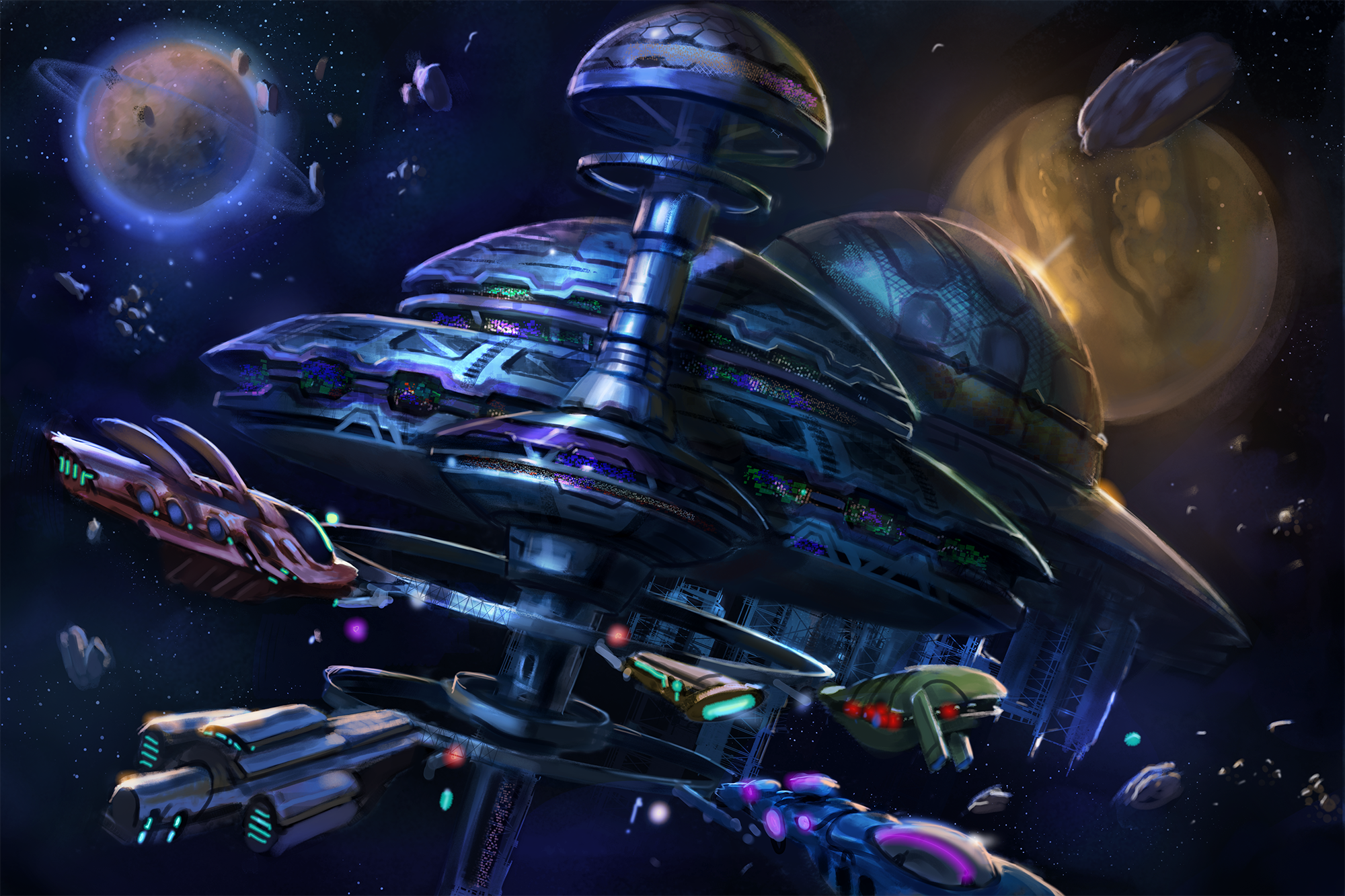 Illustration by Michele Giorgi.  A bustling space station seen from space has several starships of different designs docked at its rings. Strange planets pass nearby