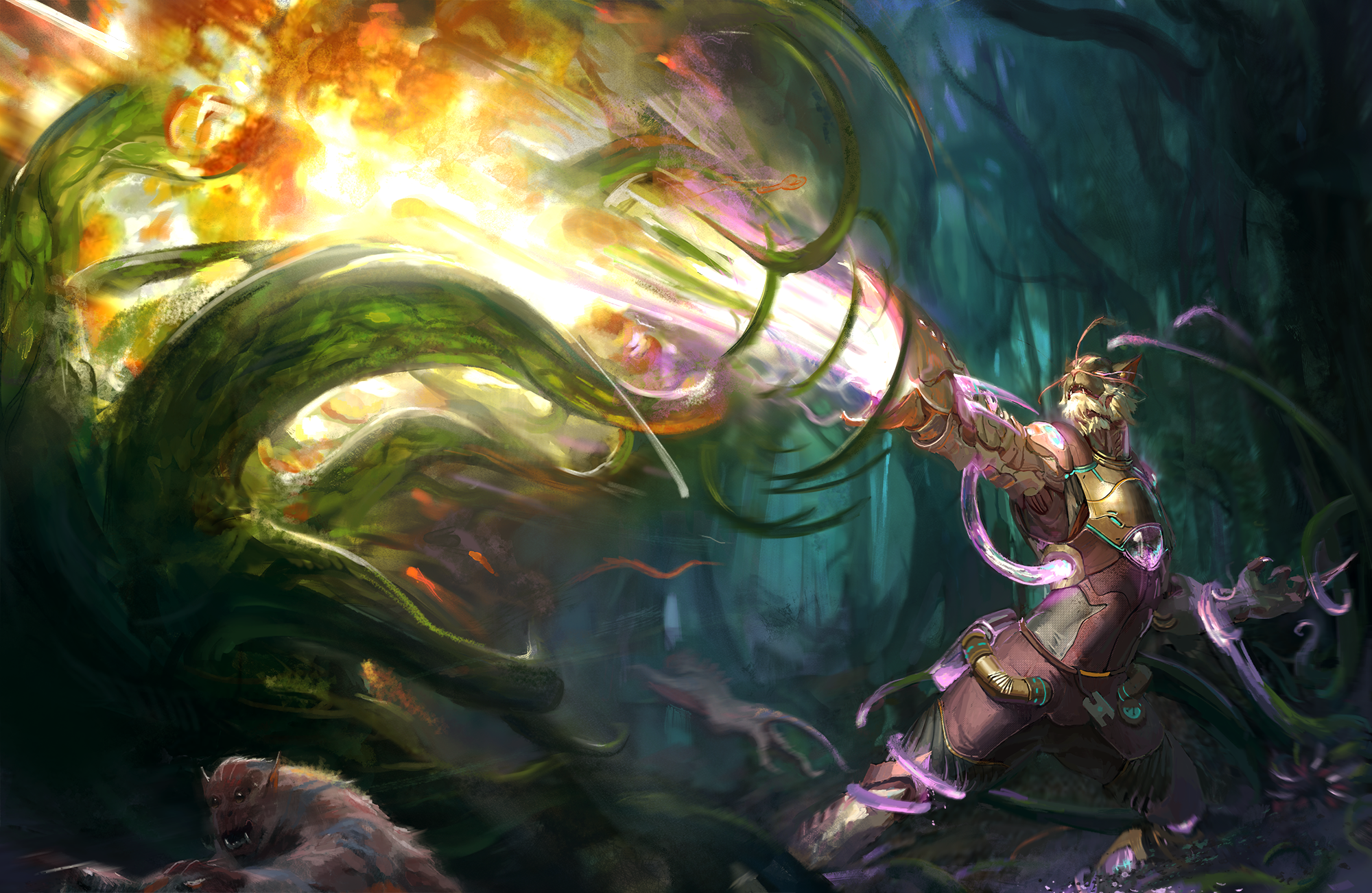 Illustration by Tianxing Xu: an evolutionist blasts through a green oozing mass 