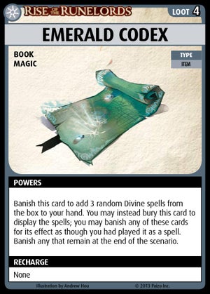 Pathfinder Adventure Card Game: Rise of the the Runelords, Emerald Codex. An illustration of a green parchment with glowing blue ruins