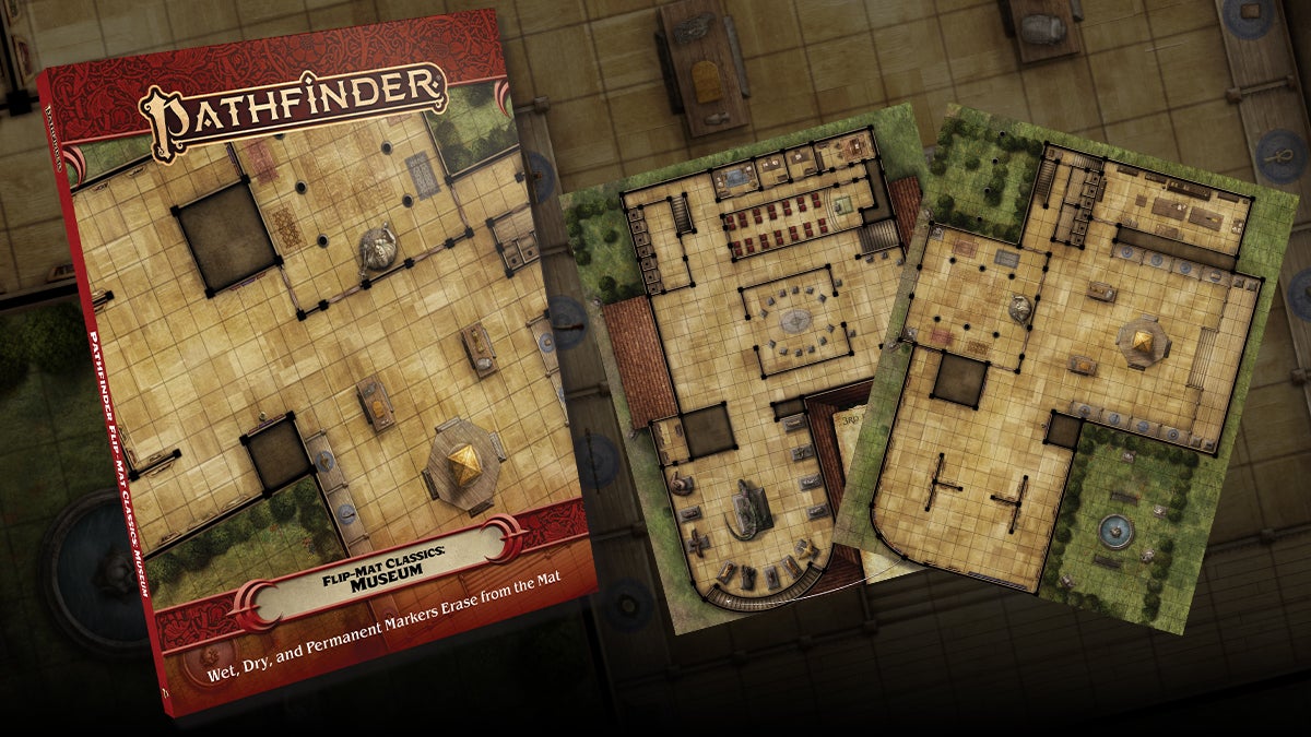 Pathfinder Flip-Mat Classics: Museum. Square tiled flip mat featuring different exhibit and room layouts on each side