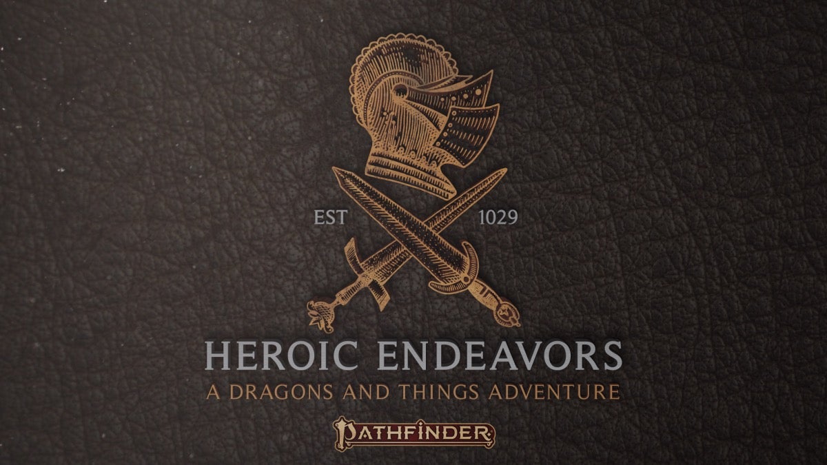 Heroic Endeavors: A Dragons and Things Adventure logo of a knight's helmet above crossed swords