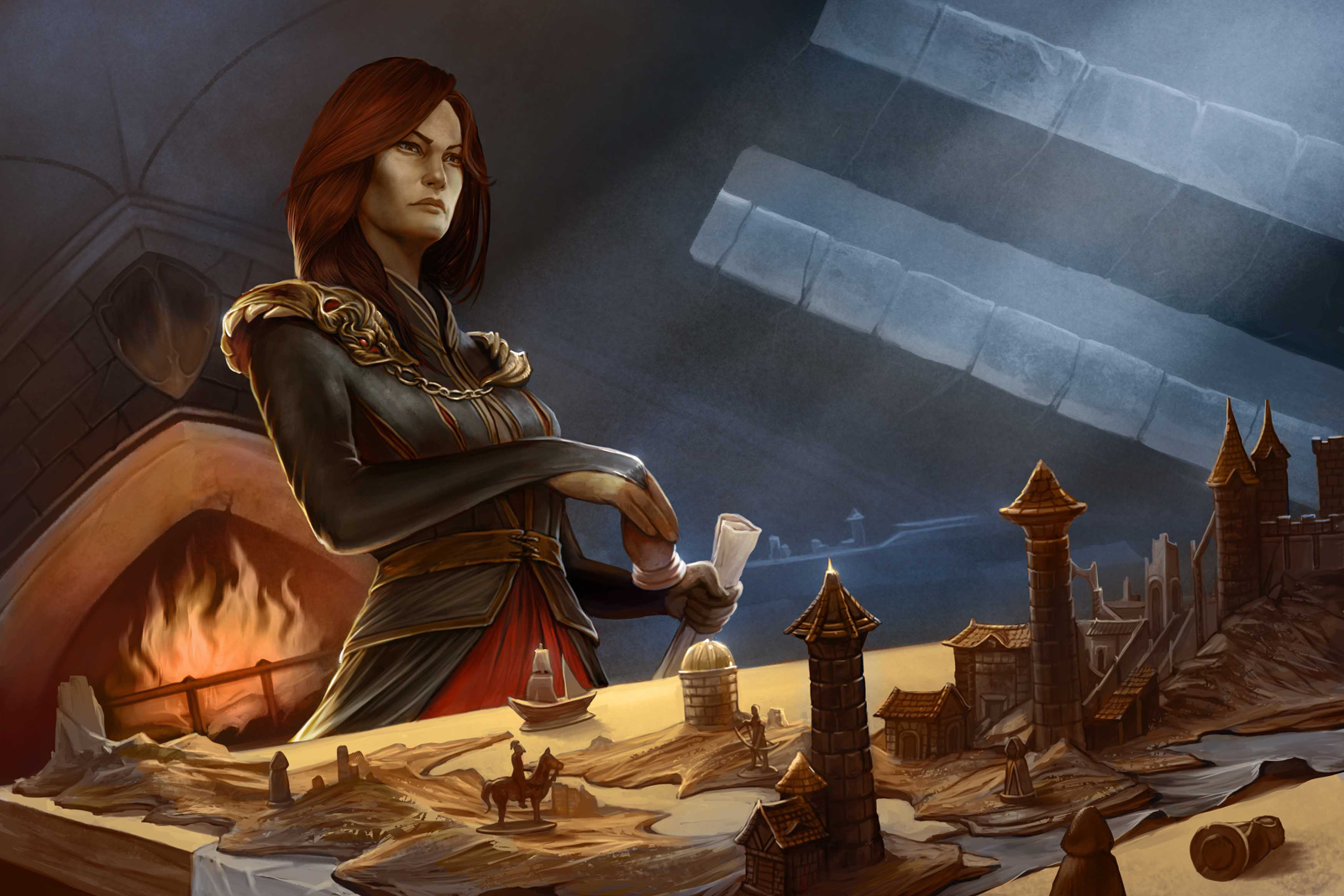 A general looks over a scale model of the battlefield, determining the best place to deploy her troops.