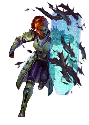 A human vanguard bursting through vines with her shield