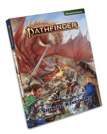 Pathfinder Second Edition Lost Omens Shining Kingdoms: A party of armored knights battle a large red dragon that's crashed down to the ground. In the foreground a helmet-less human knight and an elvish mage watch as the mage summons magic in their hands