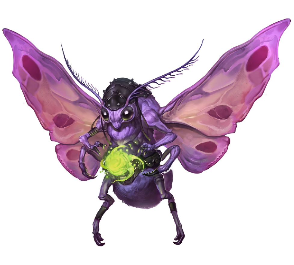 A purple, moth-like alien manipulates a small magical field between its outstretched forelimbs