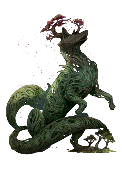 Warden of Forests and Meadows - art by Mirco Paganessi : A large wooded, fox-like creature with multiple eyes and tree-like antlers