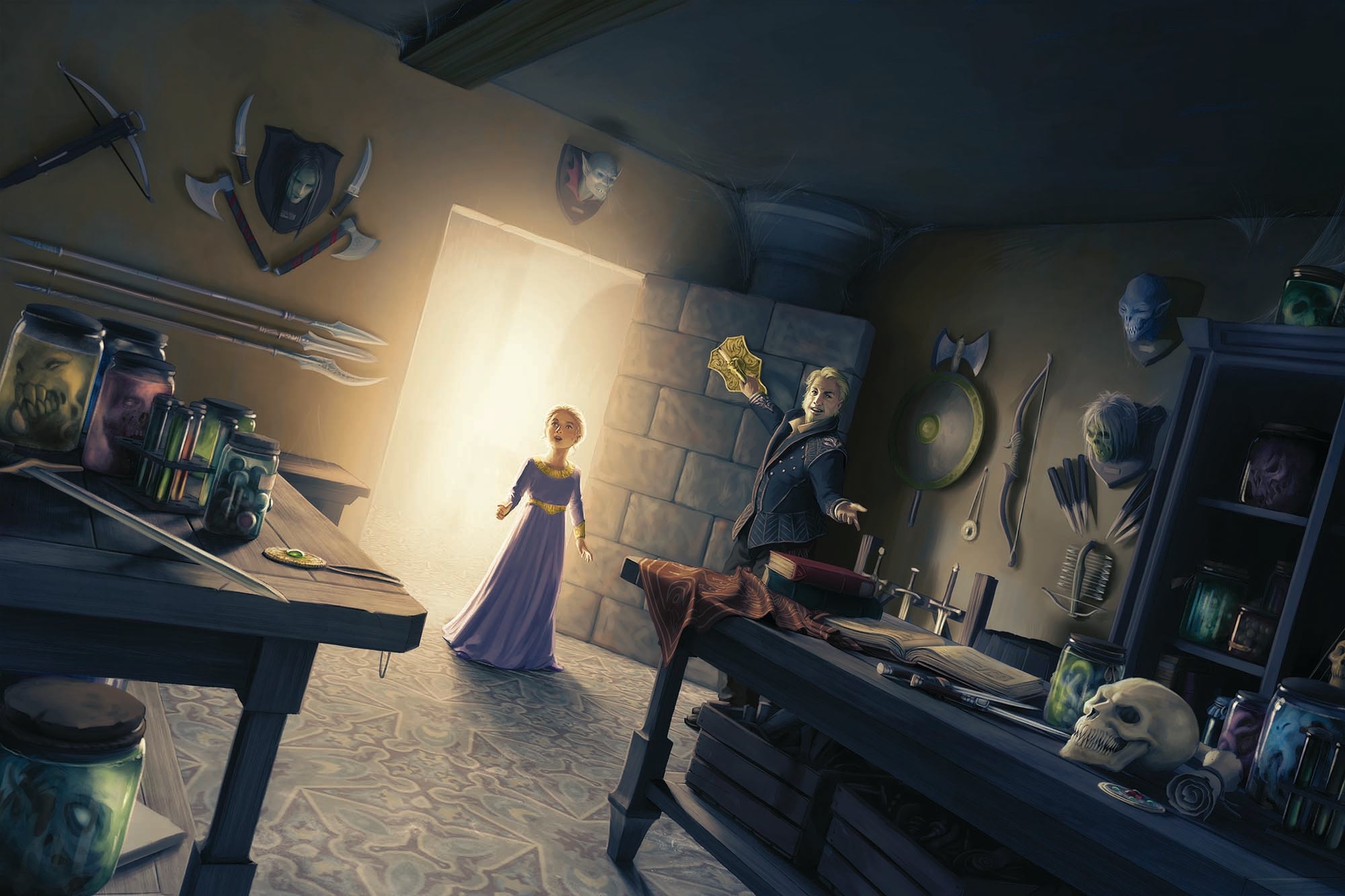 Illustration by Roberto Pitturru: A well dressed gentleman showing an equally well dressed young woman hidden room full of books, weapons, and trophies of monster hunting