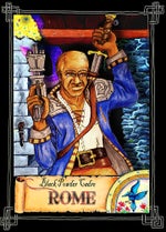 Order of the Amber Die: Rome, human gunslinger holding a gun in one hand and drawing a sword from a scabbard over his shoulder