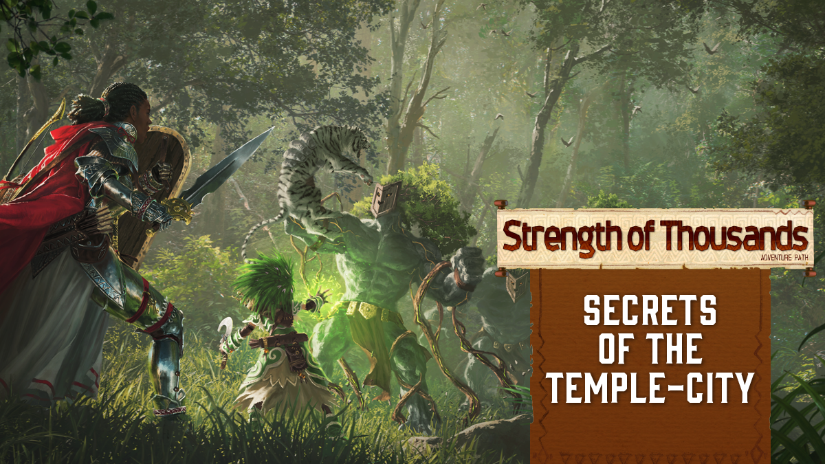 Pathfinder Adventure Path #172: Secrets of the Temple-City. Iconics and Seelah face against large bipedal plantlike creatures deep in the forest
