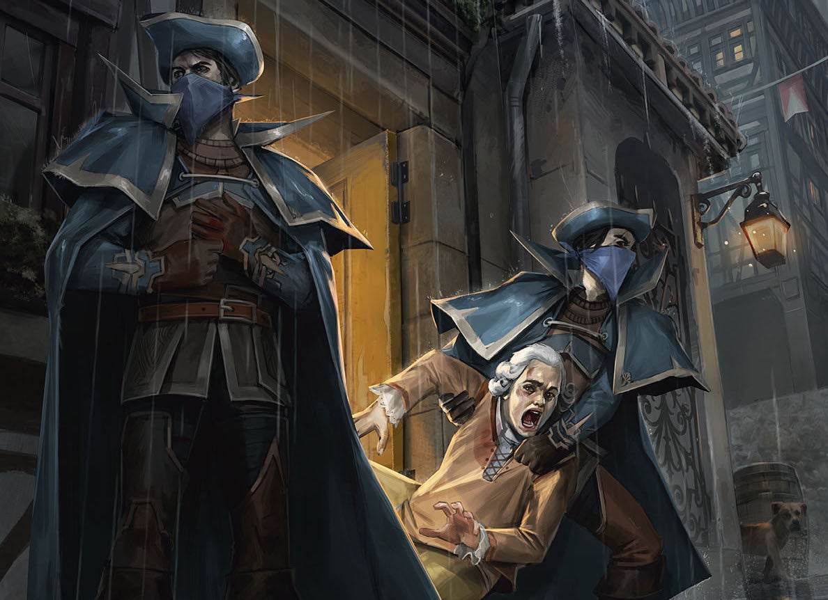 Illustration by Raymond Sebastien: Two men with gray bandanas covering their faces pull a startled man in a powdered wig out the front door of his house, into the rainy cobblestone streets of a medieval town.