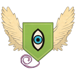 art by Riccardo Rullo: Cobyslarni School Symbol featuring a green shield with a blue eye in the center and wings sticking out from the side