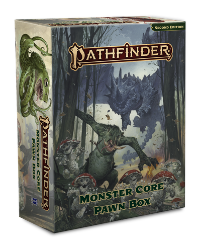 The mock box cover of the Monster Core Pawn Box; the box cover features art of mushroom leshy run through a forest as they're being chased by a green troll with large tusks, even farther in the background, chasing the troll is a large, spiky dragon.