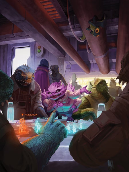 Art by Pixoloid Studios: A skittermander (a furry, six-armed purple alien) stands on a table and gestures dramatically at a holographic game board. Four vesk (powerful reptilian aliens) sit around the table and listen intently, while one raises a hand to politely ask a question.