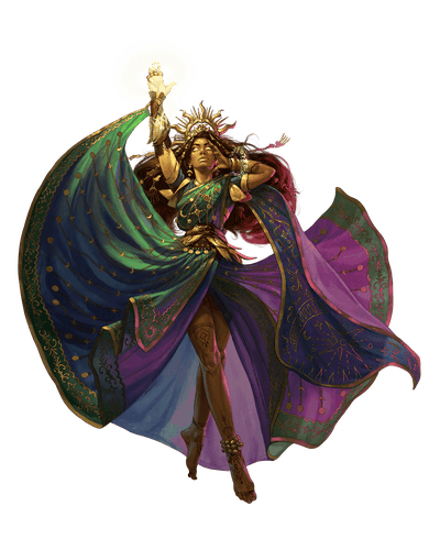 Sibyl art by Tatiana Pavlova: a warm skinned, etherial, human woman wearing peacock colored dress with golden celestial decor