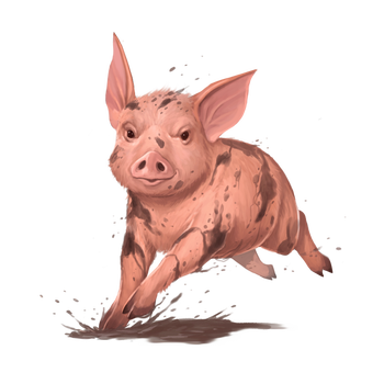 Illustration by Kiki Moch Rizky: A small pig splashing through the mud