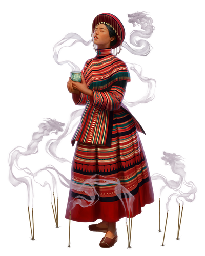 Xa Hoi coming-of-age ritual; art by Gunship Revolution :  a young adult dressed in red striped skirts surrounded by burning incense, the smoke is forming the shape of a dragon 