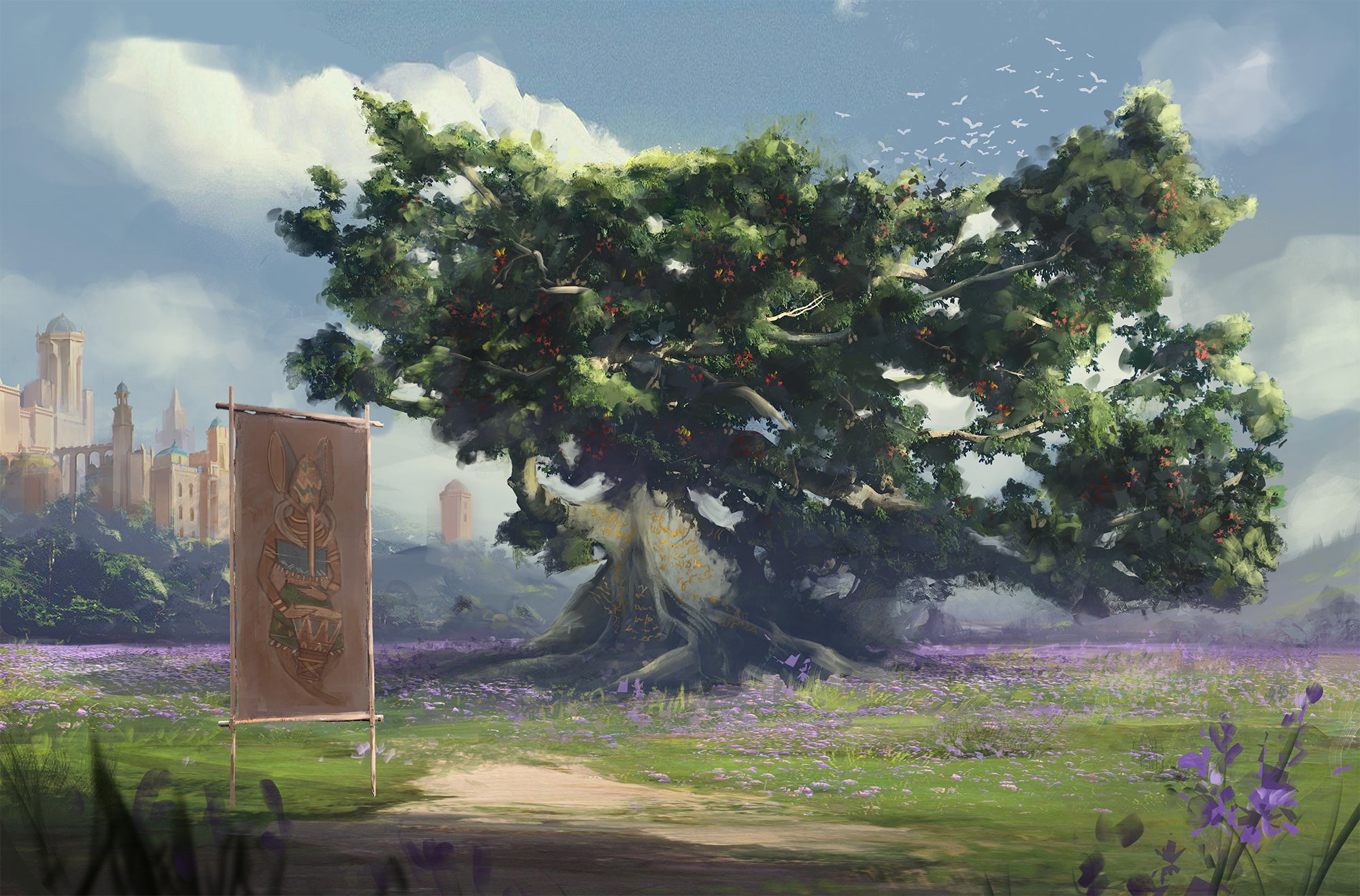 Tree of Stories by Sandra Posada. A large tree full of green leaves sitting in a field full of blooming purple flowers with a sign in front of it