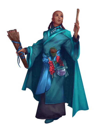 Illustration by Nicholas Phillips: a dark skinned human dressed in blue robes with herbs hanging off their belt