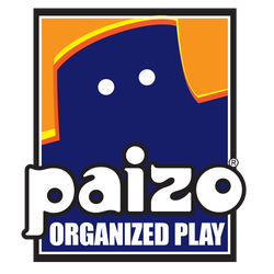 Organized Play logo, white text over blue golem graphic on orange background