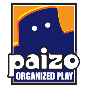 Organized Play logo, white text over blue golem graphic on orange background