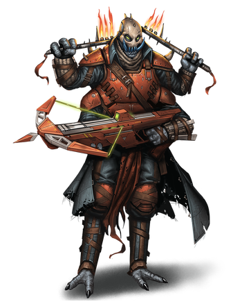 Do’Trulu, artist Rustan Curman; A four-armed, muscular shobhad with gray skin, protruding tusk-like lower canines, and a polished bone facemask towers over 10 feet tall. They stand proud and confident in their carbon-scored armor, with two hands each holding a miniature flaming doshko over a shoulder, and two hands wielding a heavy crossbolter