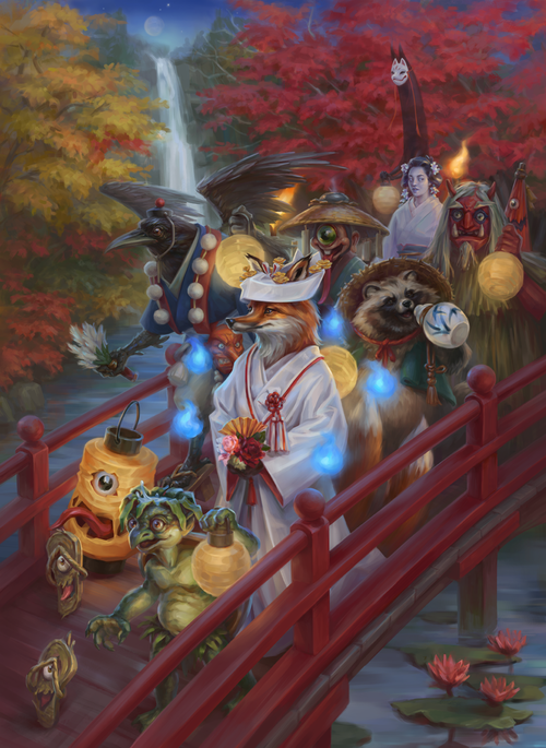 Art by Ekaterina Gordeeva : A hundred spirits walk the forests of Minkai as night draws near.