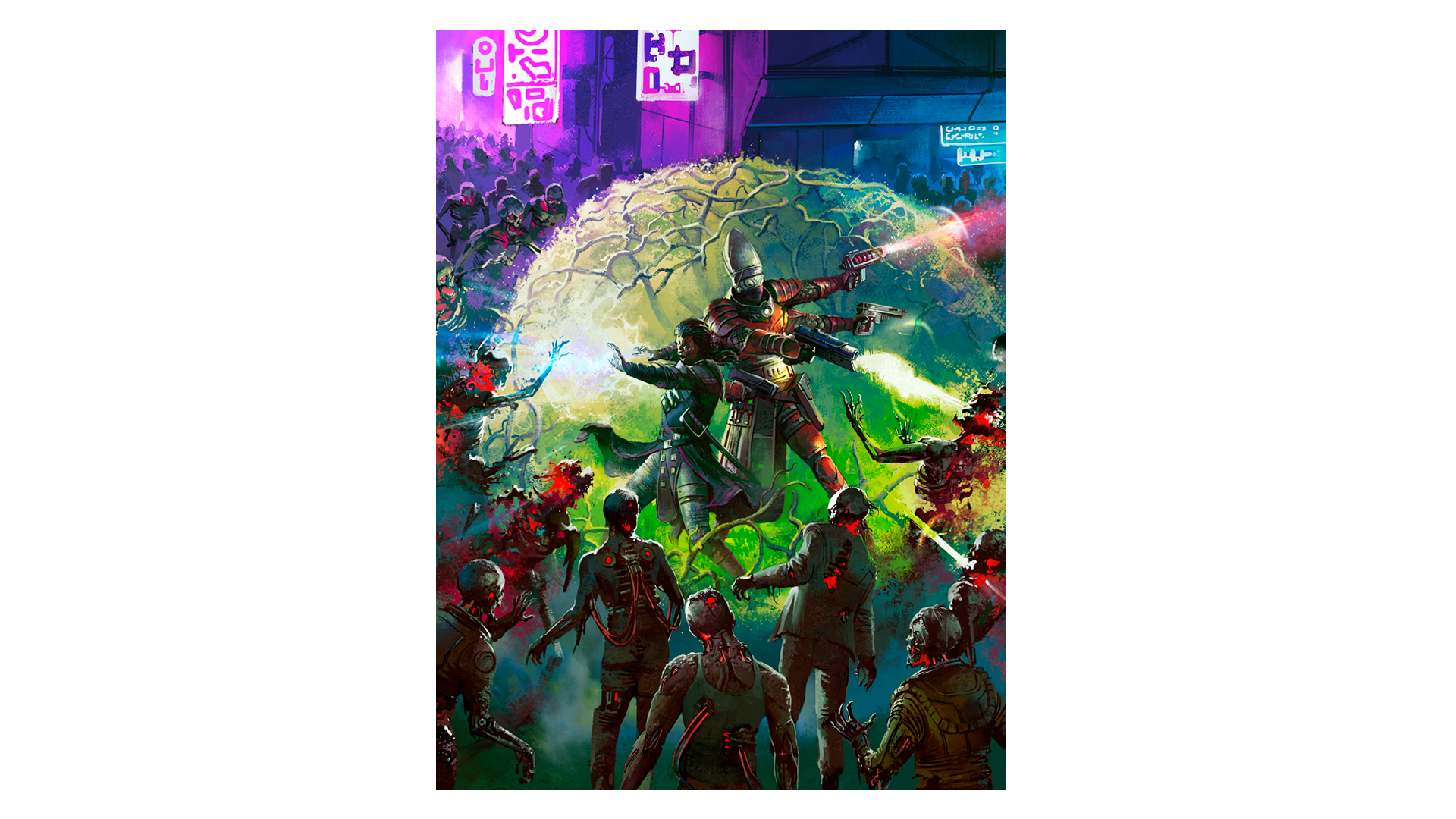 The cover image for Starfinder Enhanced, featuring the enhanced witchwarper and enhanced solarian doing battle against a horde of zombie monsters