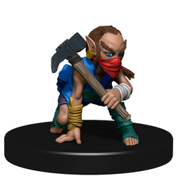 Mini figure of a gnome scout dressed in wraps and leathers, with a mask over their lower face, crouched with a mattock
