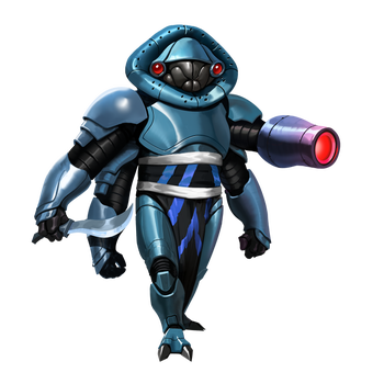 Those Who Call Cultist, A four armed insect-like alien wearing grey power armor. They are pointing a canon out with their top left arm and holding a short sword in their top right hand